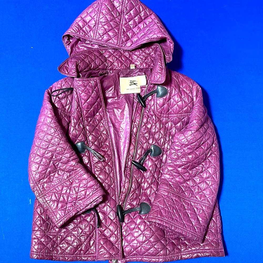 Burberry Purple Puffer Jacket w/Plaid detailing around the collar